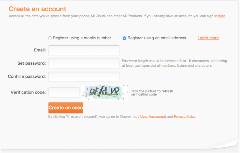 メールアドレスでMiAccountを取得する場合の情報入力画面