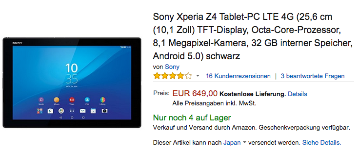 Amazon.deにてXperia Z4 Tablet SGP771が販売開始