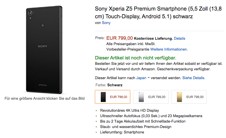 Xperia Z5シリーズの予約受付をAmazon.deが開始