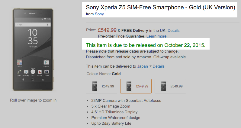 英AmazonでXperia Z5シリーズの入荷予定日が変更