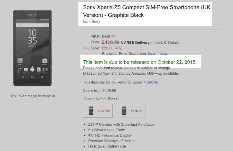 英AmazonでXperia Z5シリーズの入荷予定日が変更