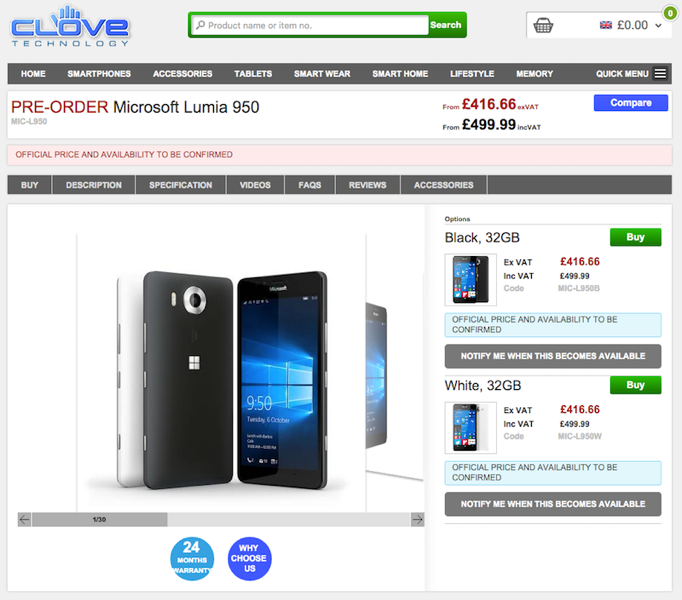CloveでLumia 950／Lumia 950 XLの予約受付がスタート