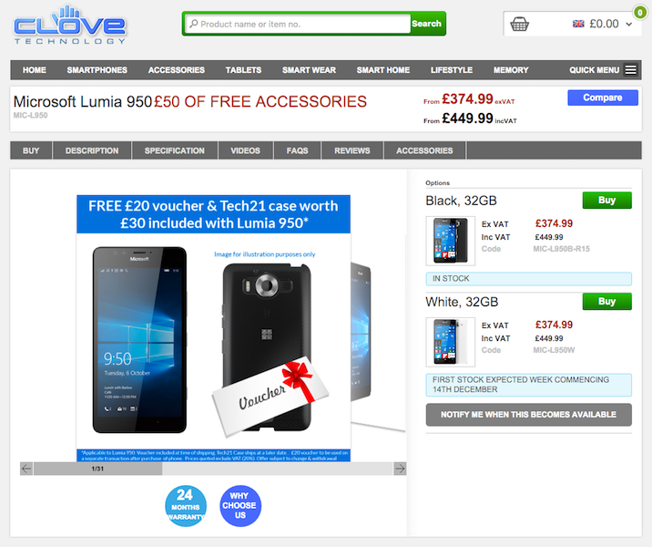 CloveでMicrosoft Lumia 950／950 XLの販売がスタート