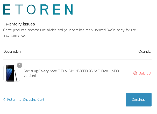 ETORENでSamsung Galaxy Note7 SM-N930FD（新版）の販売が再開