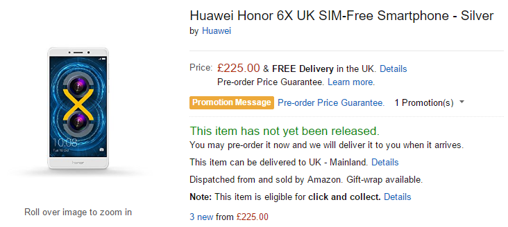 Amazon.co.uk Huawei Honor 6X 商品ページ