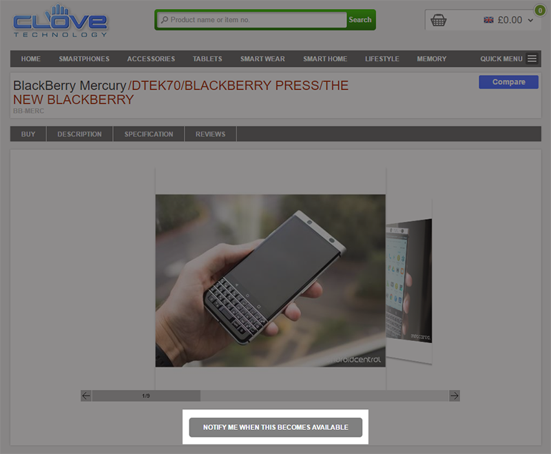 Clove BlackBerry Mercury 商品情報の受け取り方法