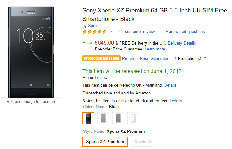 Amazon.co.uk Sony Xperia XZ Premium 商品ページ