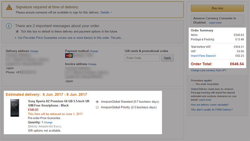 Amazon.co.uk Sony Xperia XZ Premium 購入費用