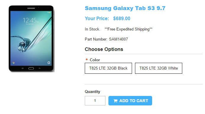 1ShopMobile.com Samsung Galaxy Tab S3 9.7 商品ページ
