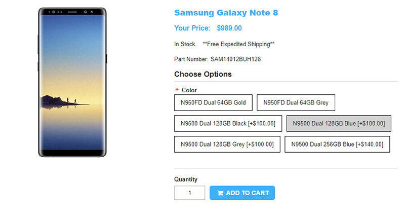 1ShopMobile.com Samsung Galaxy Note8 商品ページ