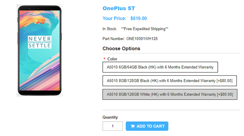 1ShopMobile.com OnePlus 5T 商品ページ