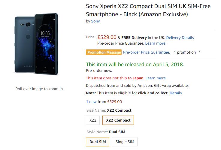 Amazon.co.uk Sony Xperia XZ2 Compact 商品ページ