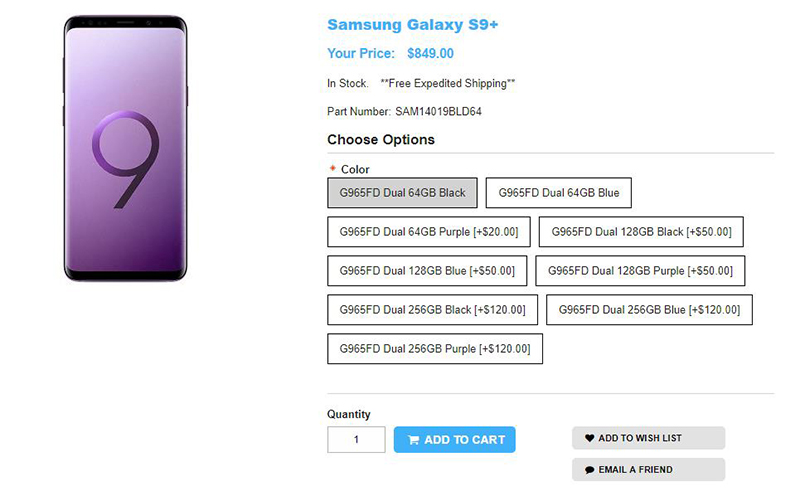 1ShopMobile.com Samsung Galaxy S9+ 商品ページ