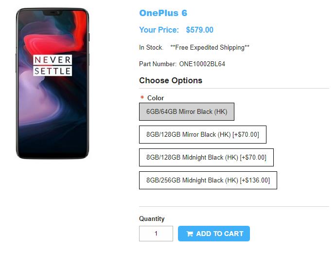 1ShopMobile.com OnePlus 6 商品ページ