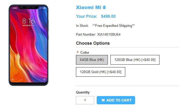 1ShopMobile.com Xiaomi Mi 8 商品ページ