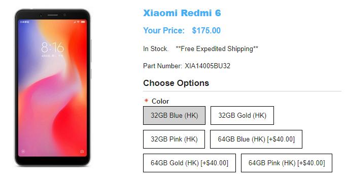 1ShopMobile.com Xiaomi Redmi 6 商品ページ