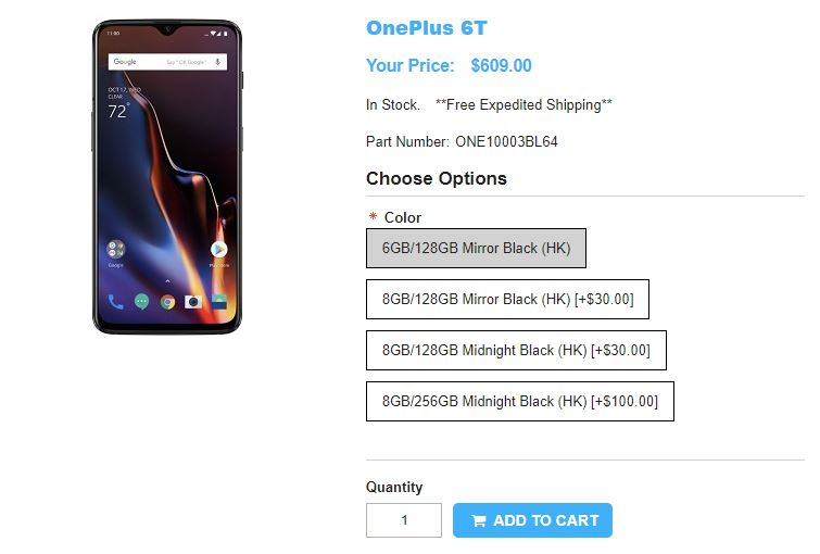 1ShopMobile.com OnePlus 6T 商品ページ