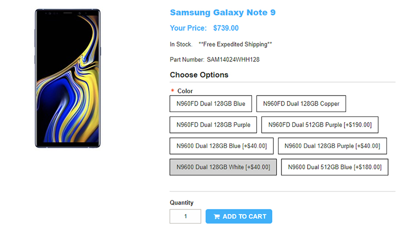 1ShopMobile.com Samsung Galaxy Note9 商品ページ