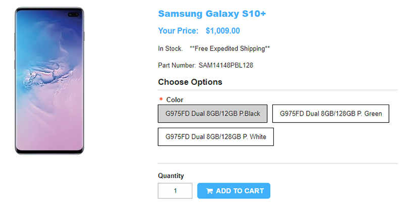 1ShopMobile.com Samsung Galaxy S10+ 商品ページ