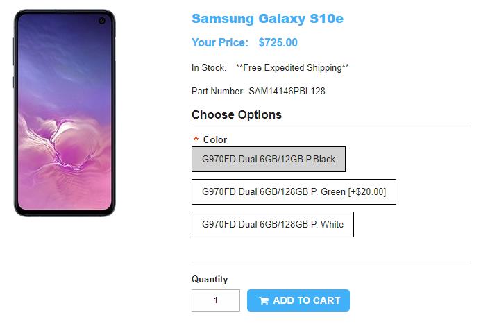 1ShopMobile.com Samsung Galaxy S10e 商品ページ