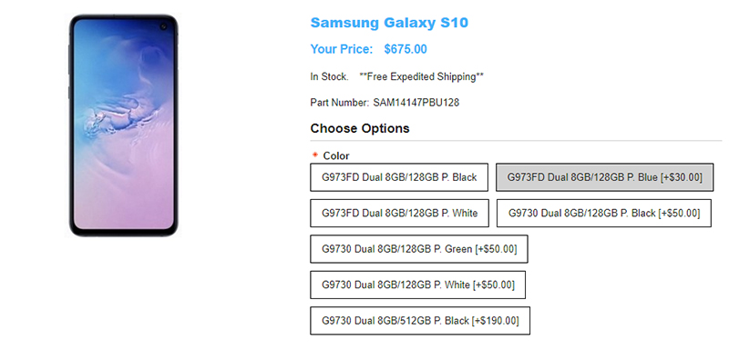 1ShopMobile.com Samsung Galaxy S10 商品ページ