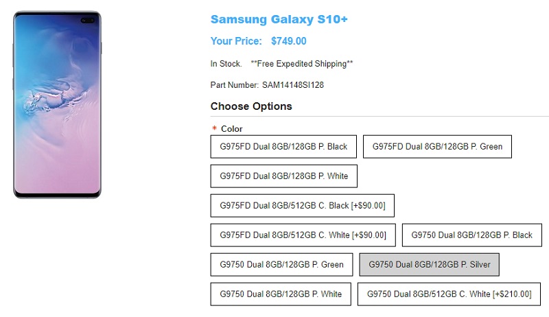 1ShopMobile.com Samsung Galaxy S10+ 商品ページ