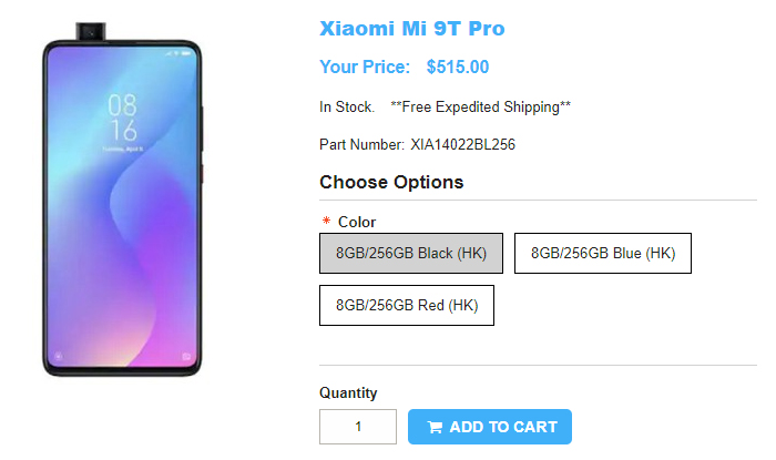 1ShopMobile.com Xiaomi Mi 9T Pro 商品ページ