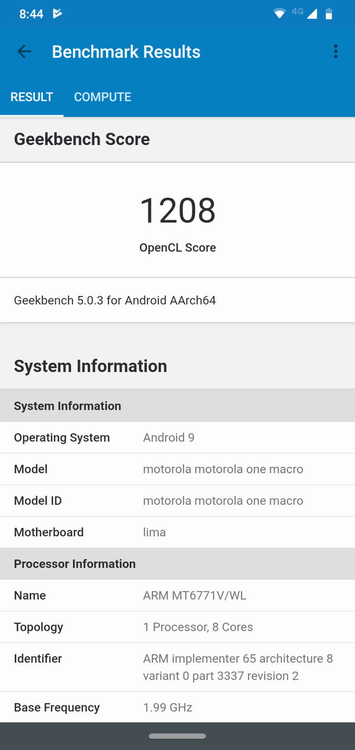 motorola one macro（XT2016-1）のベンチマークスコア（Geekbench 5）