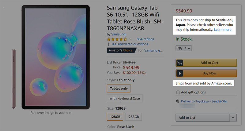 Amazon.comの「Galaxy Tab S6」販売ページ