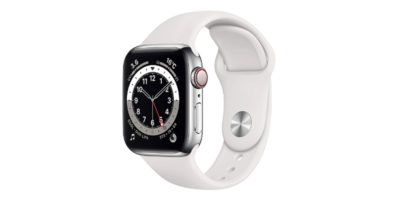 Apple Watch Series 6 GPS+Cellularモデル シルバーステンレススチールケースとホワイトスポーツバンド